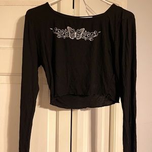 Black Long Sleeve Butterfly Crop Top